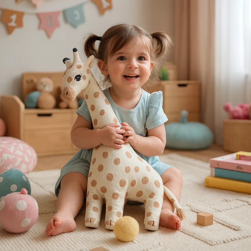 Petite fille assise dans sa chambre tenant un jouet en peluche girafe entourée de jouets colorés.