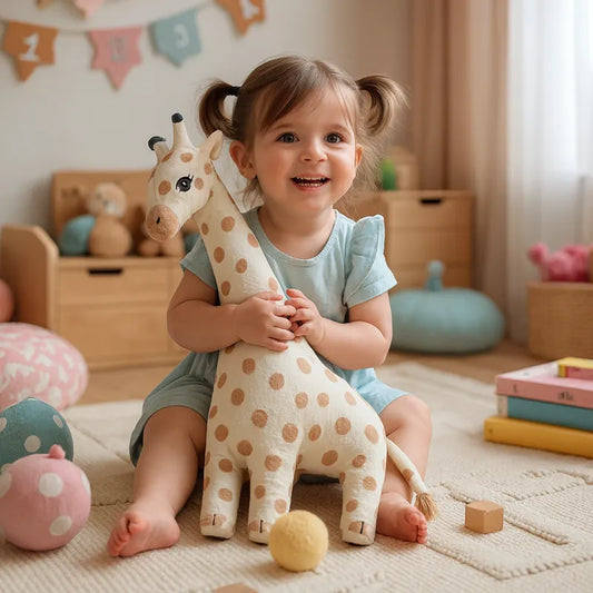 Petite fille assise dans sa chambre tenant un jouet en peluche girafe entourée de jouets colorés.