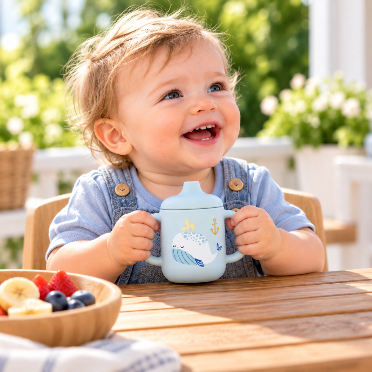 Bébé souriant tenant un gobelet bleu à poignées lors d’un repas en extérieur