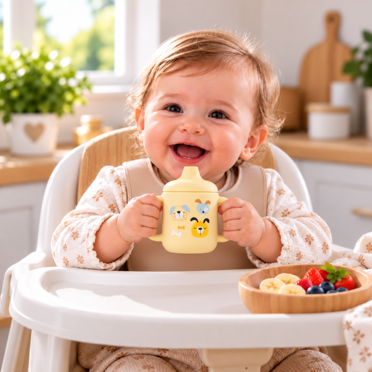 Bébé souriant dans sa chaise haute tenant un gobelet jaune à poignées