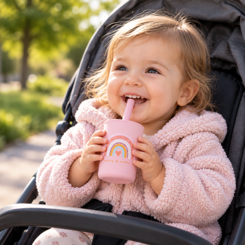 Bébé en poussette buvant avec un gobelet à paille rose