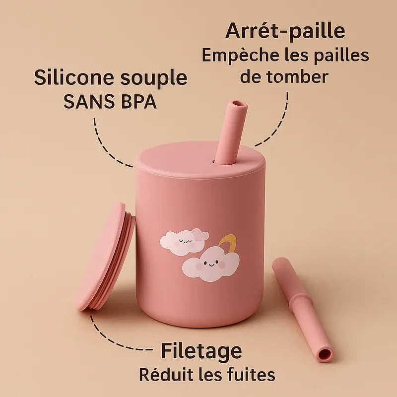 Gobelet bébé en silicone rose sans BPA avec paille anti-chute et couvercle fileté anti-fuite