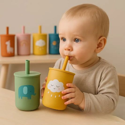 Bébé buvant avec un gobelet apprentissage jaune nuage et vert éléphant
