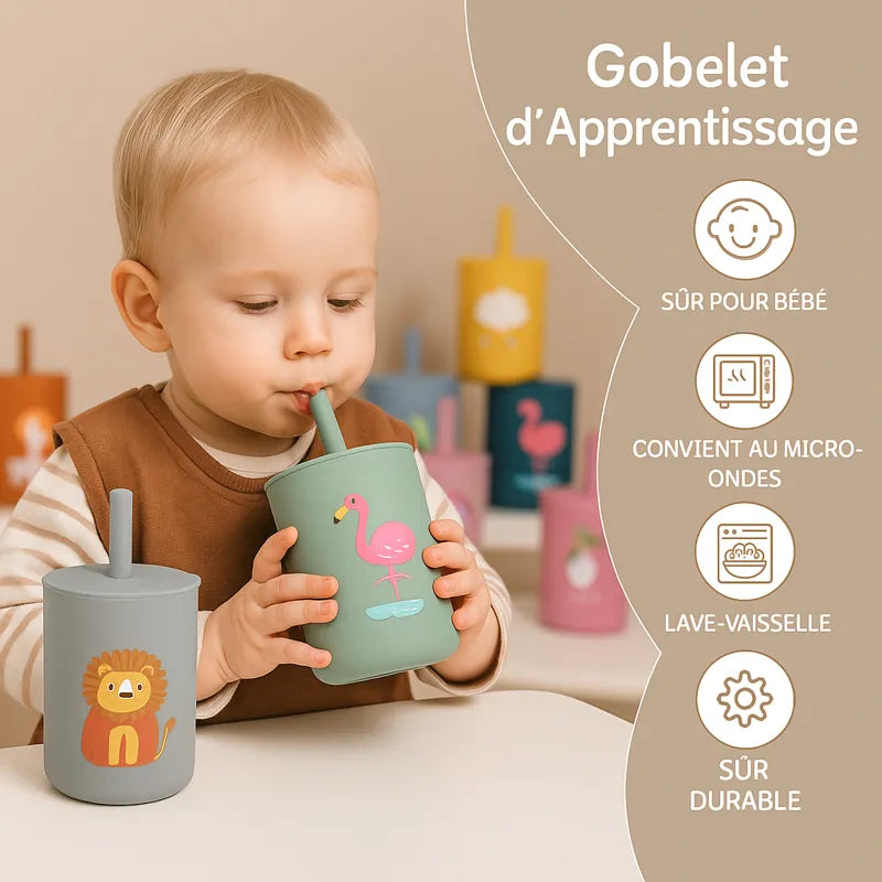 Gobelet apprentissage bébé vert et gris décoré lion et flamant
