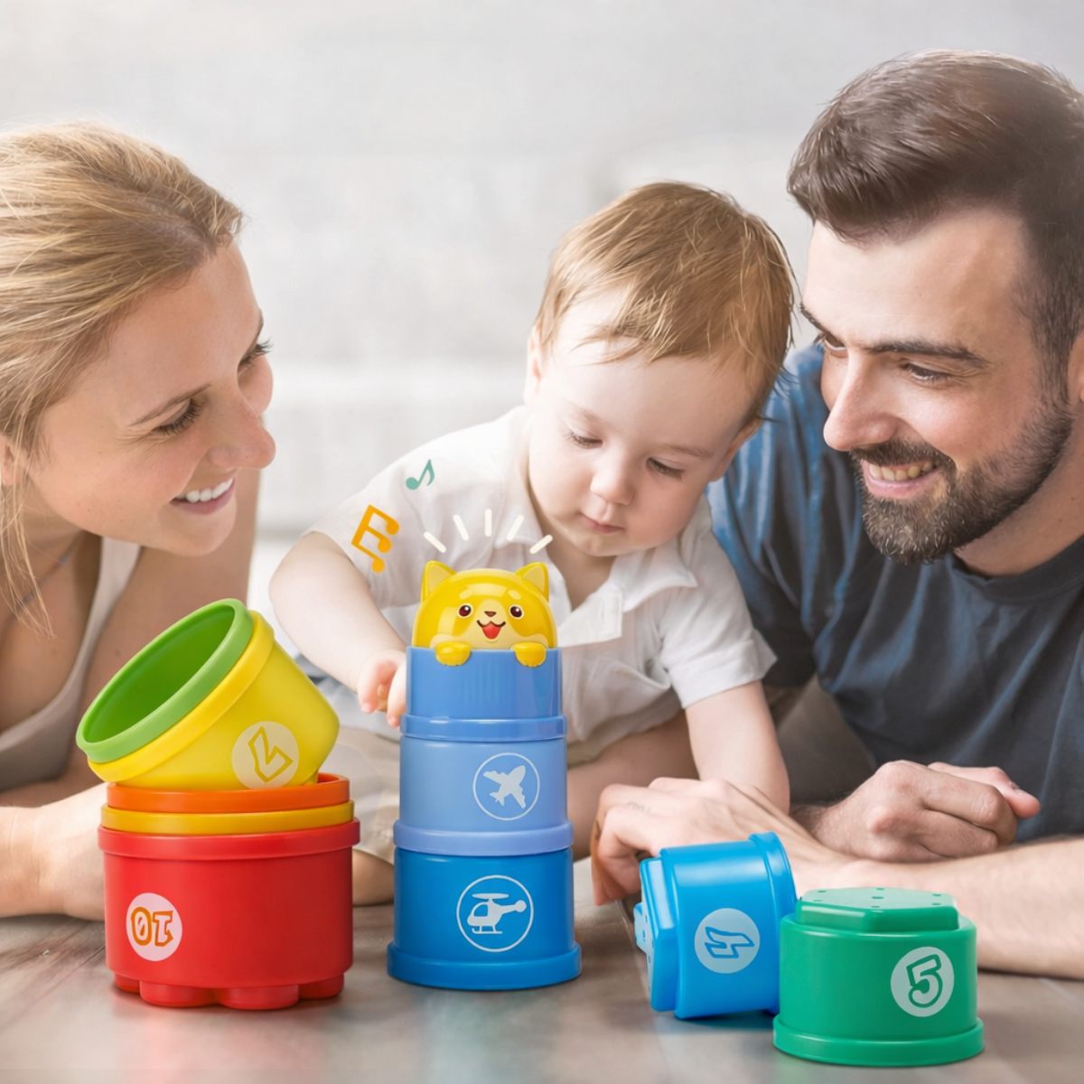 Bébé joue avec des gobelets empilables colorés en compagnie de ses parents pour un moment d'éveil en famille