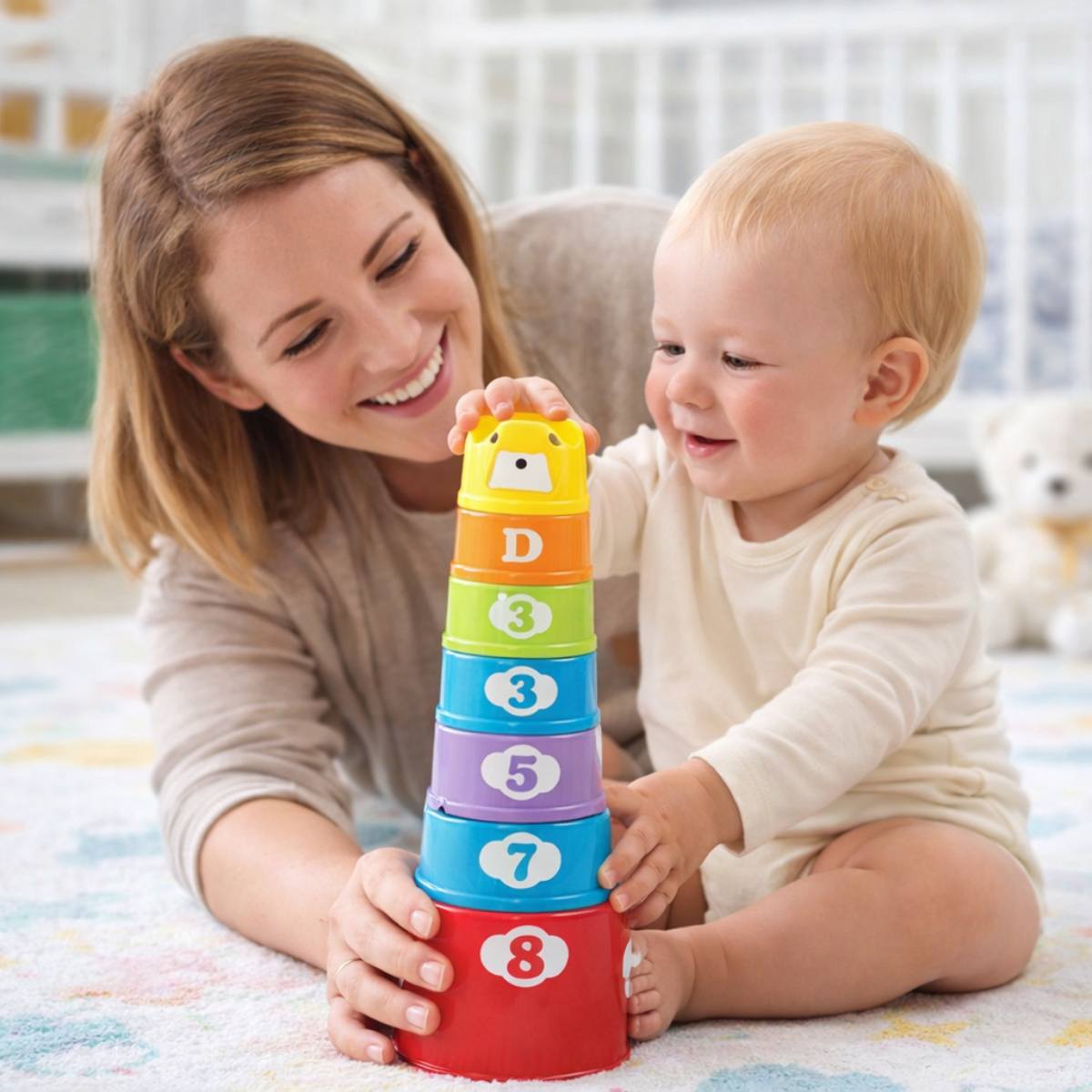 Maman accompagne son bébé dans la construction d'une tour de gobelets empilables multicolores sur un tapis de jeu
