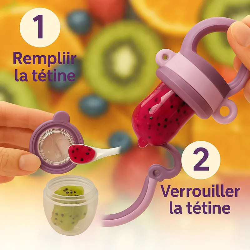 Grignoteuse bébé remplie de fruits frais, tétine en silicone sans BPA.