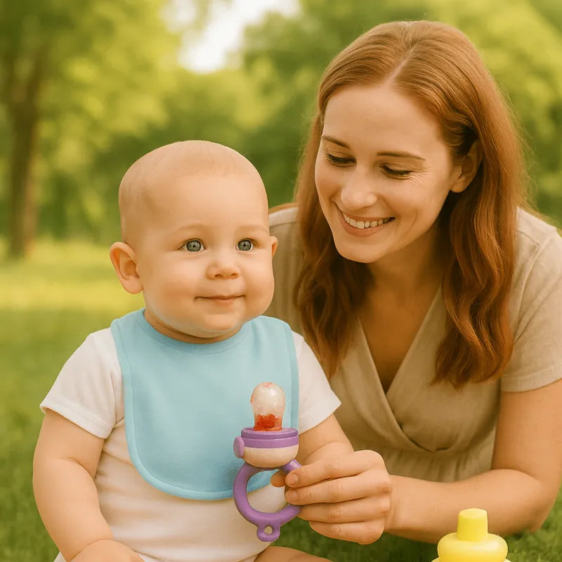 Maman souriante donnant une grignoteuse bébé avec fruits à son enfant.
