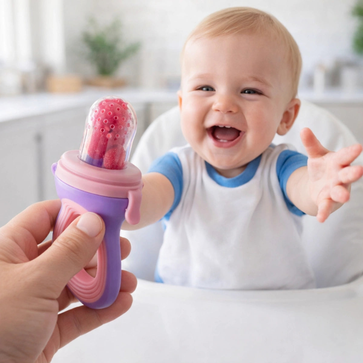 Bébé souriant utilisant une grignoteuse fruits silicone sans BPA, interaction parent enfant
