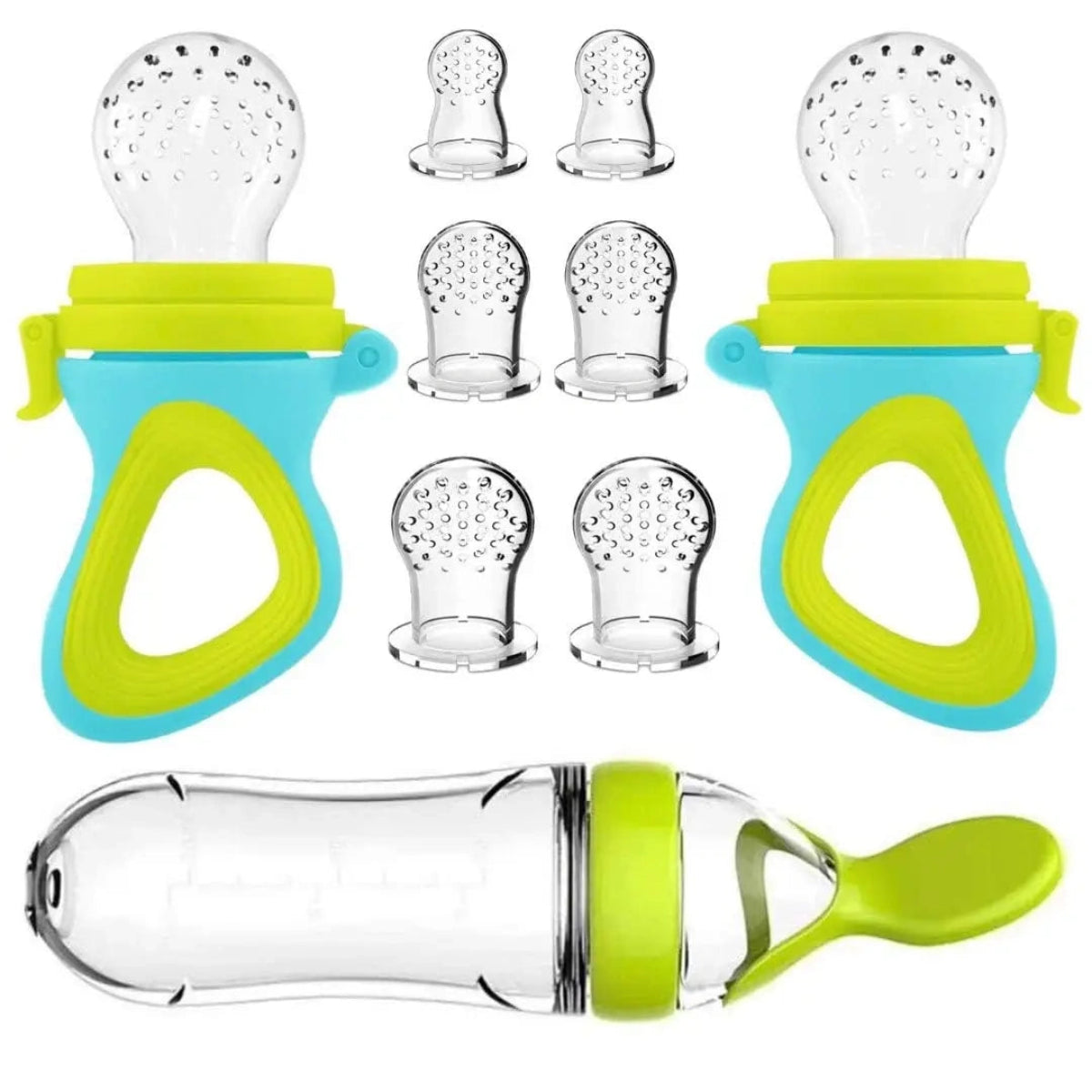 grignoteuse bébé silicone alimentaire bleu avec cuillère doseuse et tétines interchangeables anti-étouffement