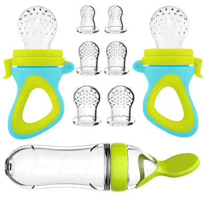 grignoteuse bébé silicone alimentaire bleu avec cuillère doseuse et tétines interchangeables anti-étouffement