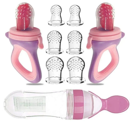 mangeoire fruits bébé silicone sans BPA rose violet avec embouts de rechange alimentation