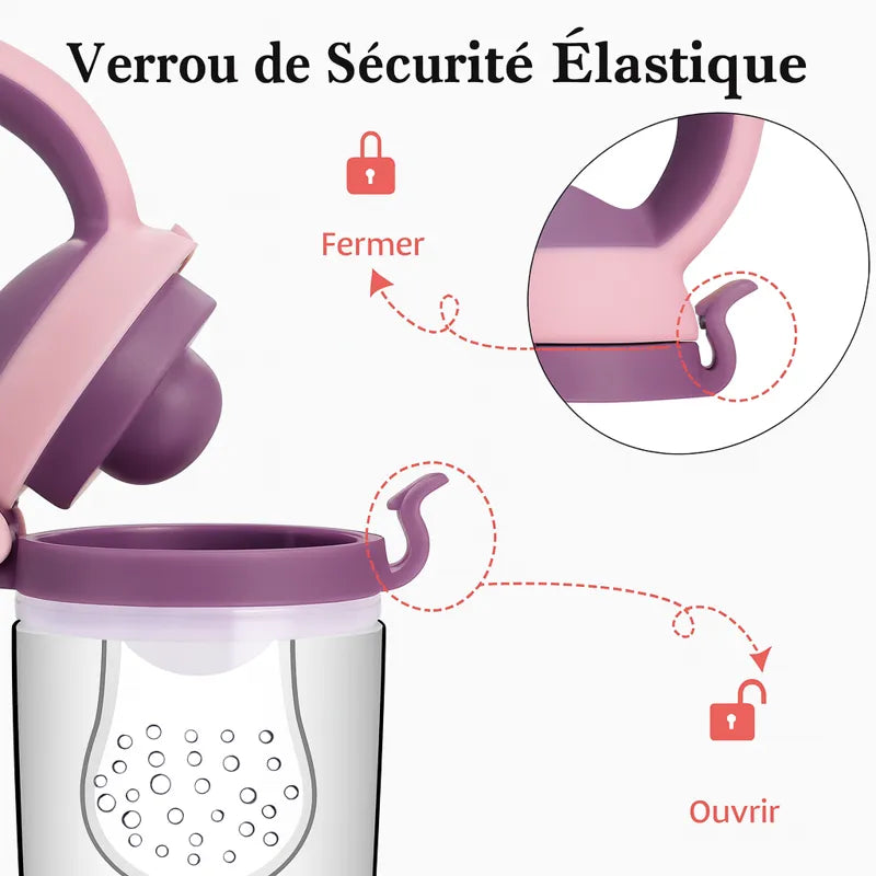 Grignoteuse bébé avec verrou de sécurité élastique pour fruits.
