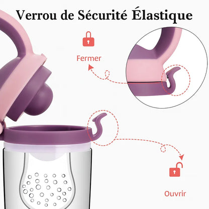 Grignoteuse bébé avec verrou de sécurité élastique pour fruits.