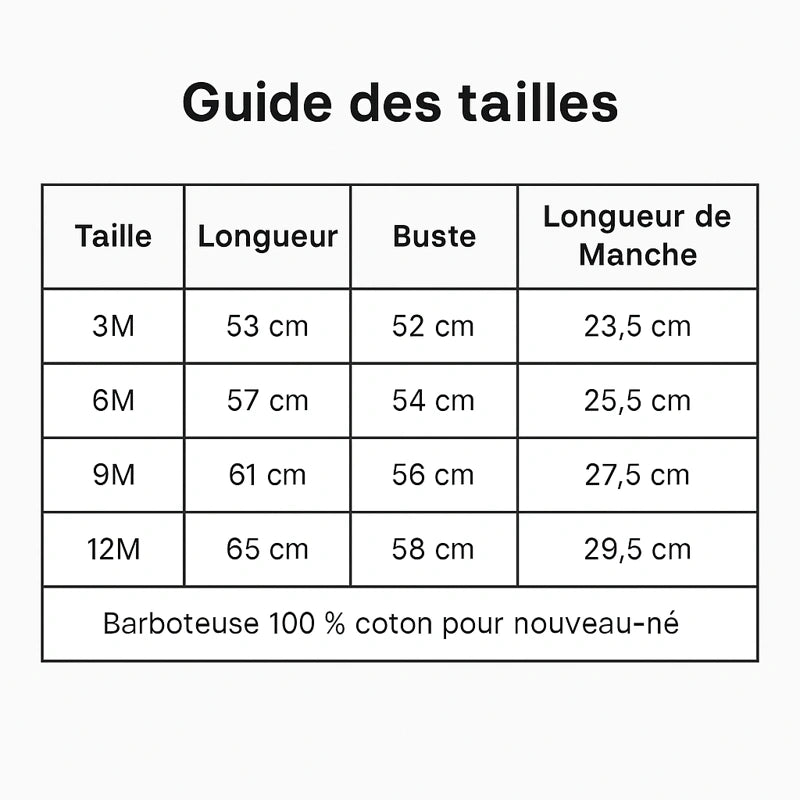 Guide des tailles barboteuse bébé coton bio 3M à 12M