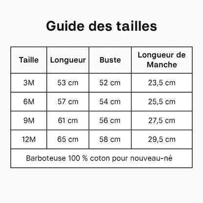 Guide des tailles barboteuse bébé coton bio 3M à 12M