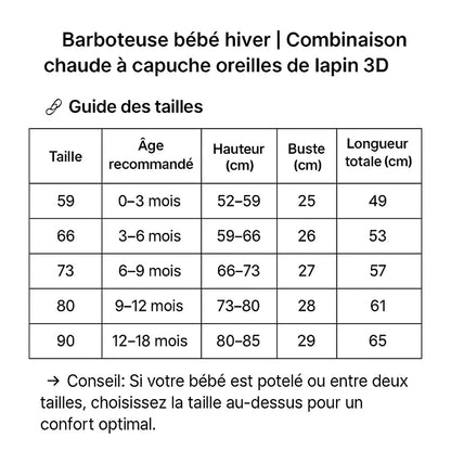 Guide des tailles pour barboteuse bébé hiver avec mesures complètes et conseils de choix"