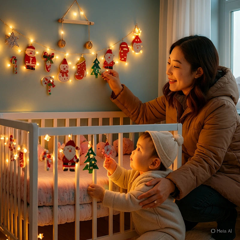 Maman et bébé qui regarde la guirlande lumineuse led