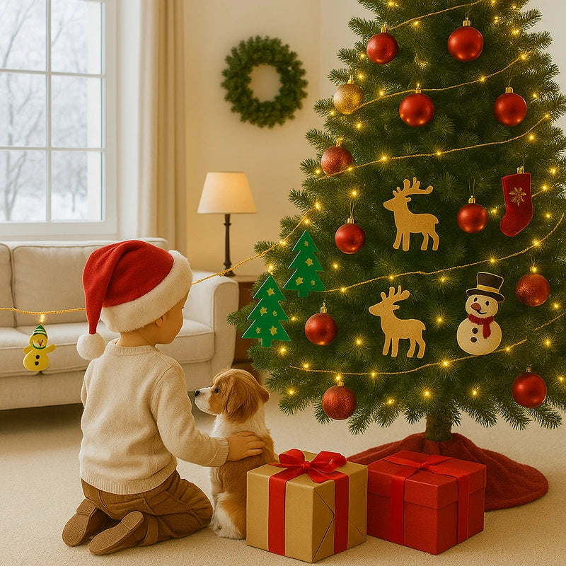 Petit garçon qui regarde le sapin décoré avec la guirlande Led