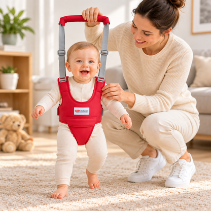 Bébé apprenant à marcher avec un harnais de marche rouge accompagné de sa maman