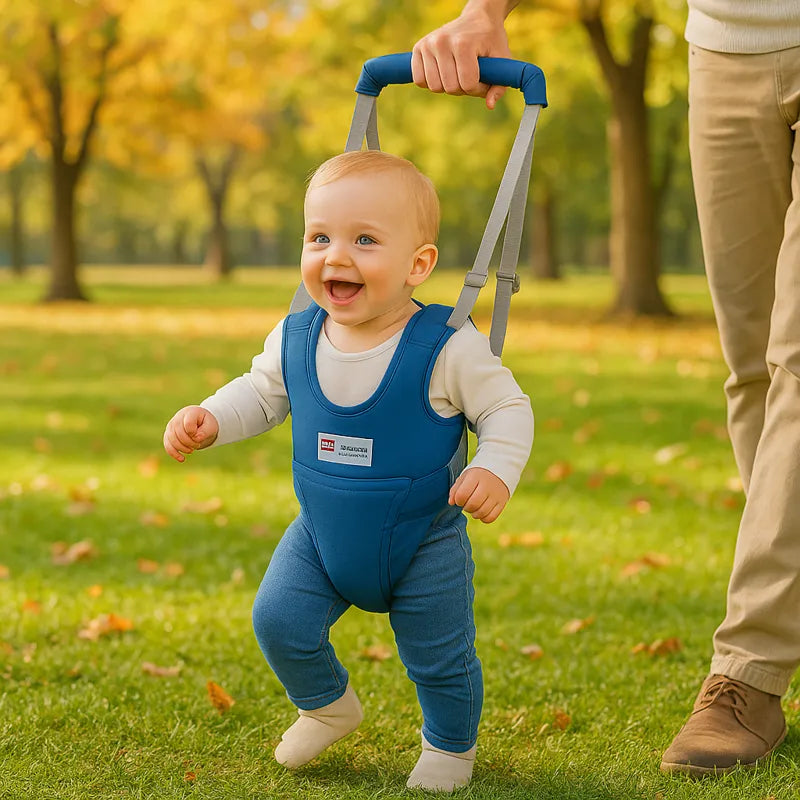 Bébé heureux avec harnais de marche bleu pour premiers pas en extérieur