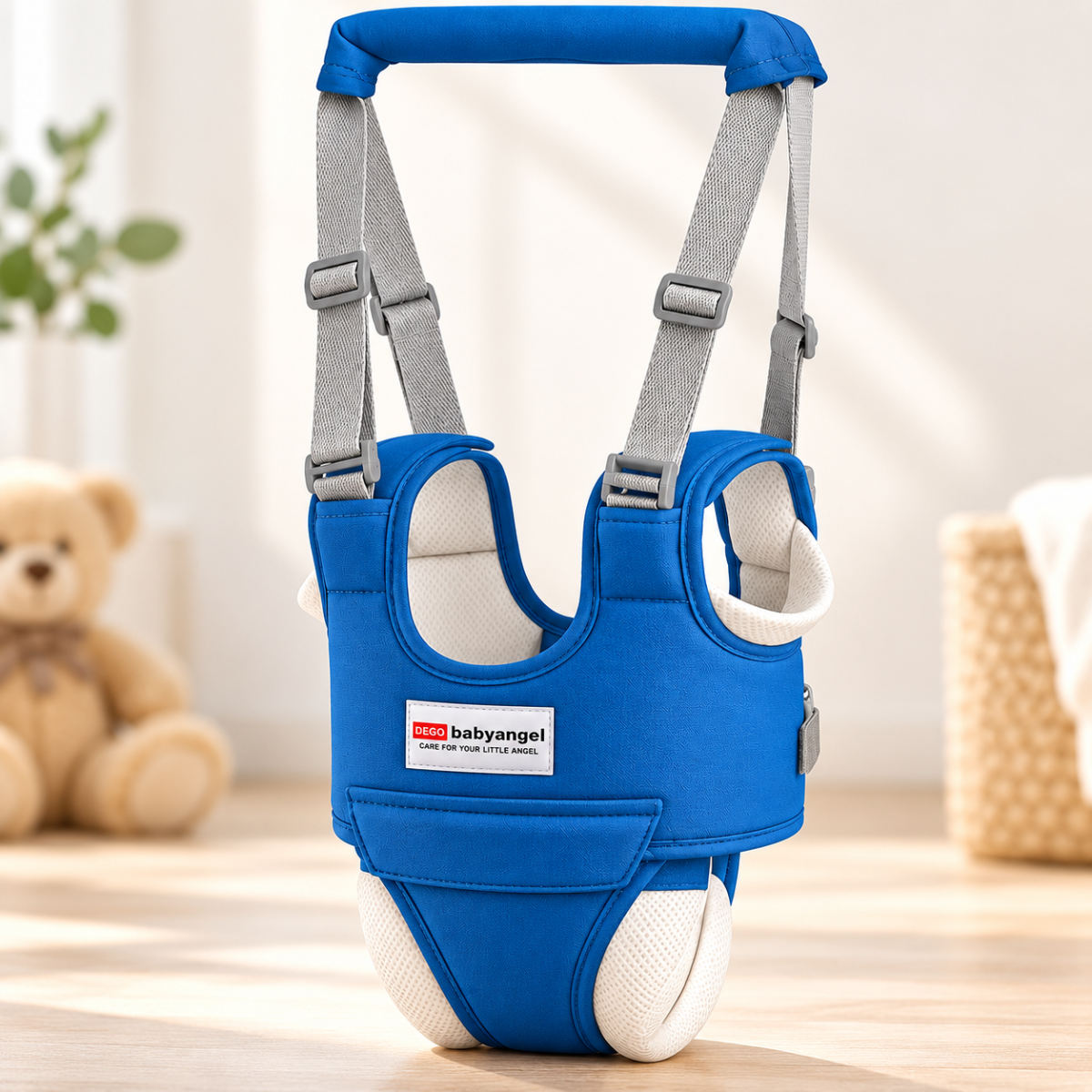 Harnais de marche ajustable bleu pour bébé avec sangles réglables et poignée de maintien