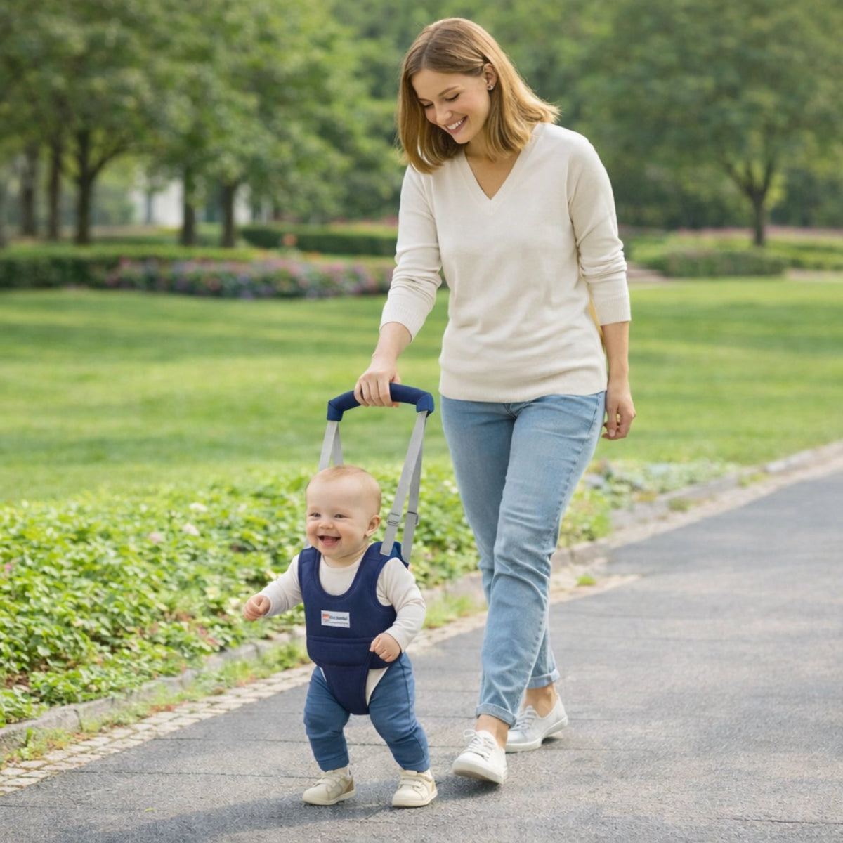 Bébé avec harnais de marche bleu accompagné de sa maman pour apprendre à marcher en extérieur en sécurité