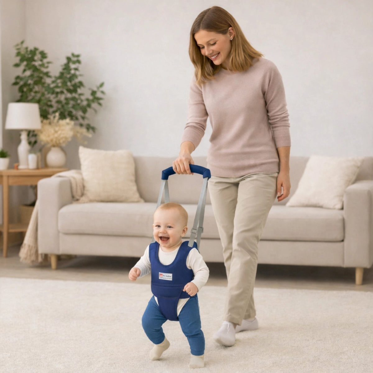 Harnais de marche bébé bleu utilisé à la maison pour accompagner les premiers pas de bébé en toute sécurité