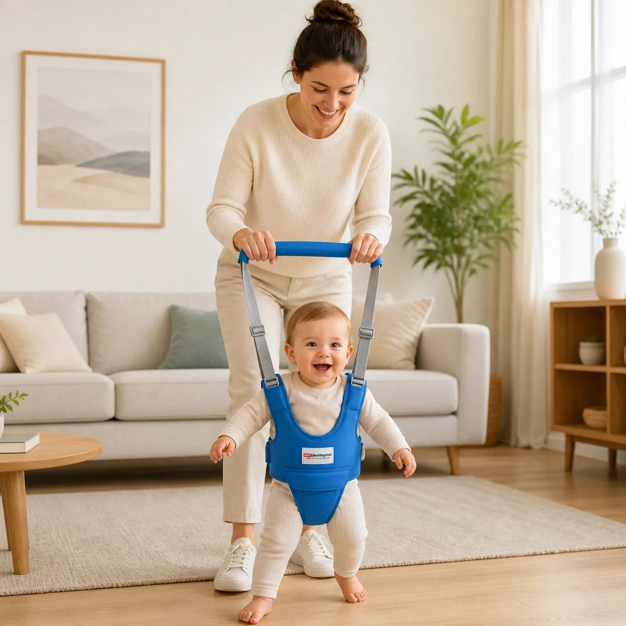 harnais de marche bébé bleu avec maman aidant son enfant à marcher dans un salon lumineux