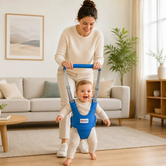 harnais de marche bébé bleu avec maman aidant son enfant à marcher dans un salon lumineux