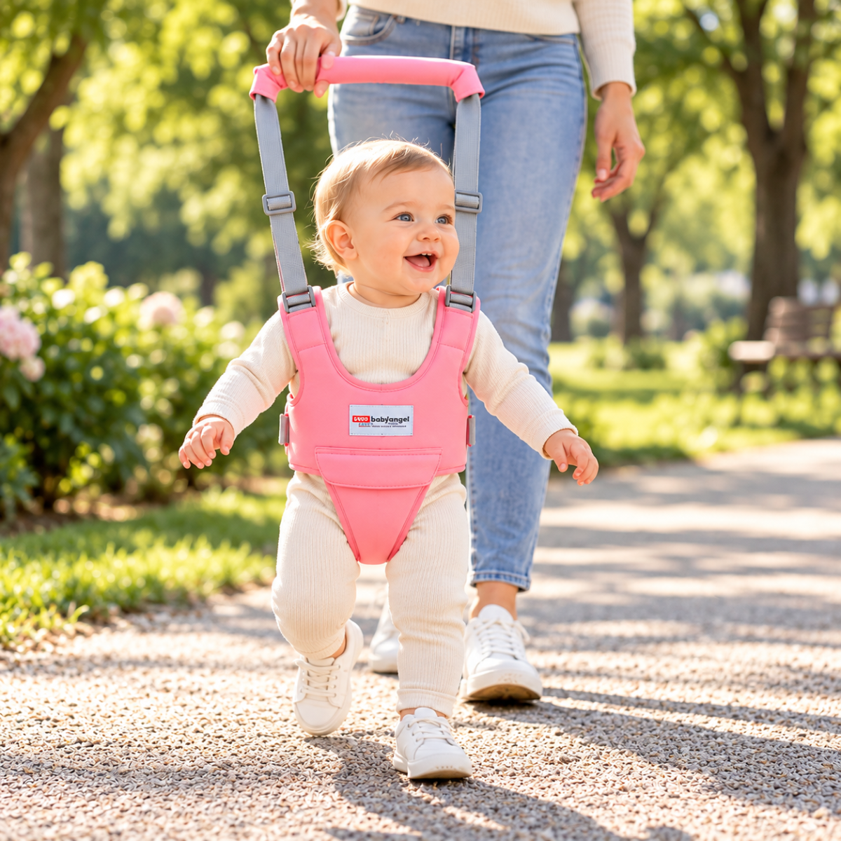 Bébé marchant au parc avec un harnais de marche rose tenu par un parent