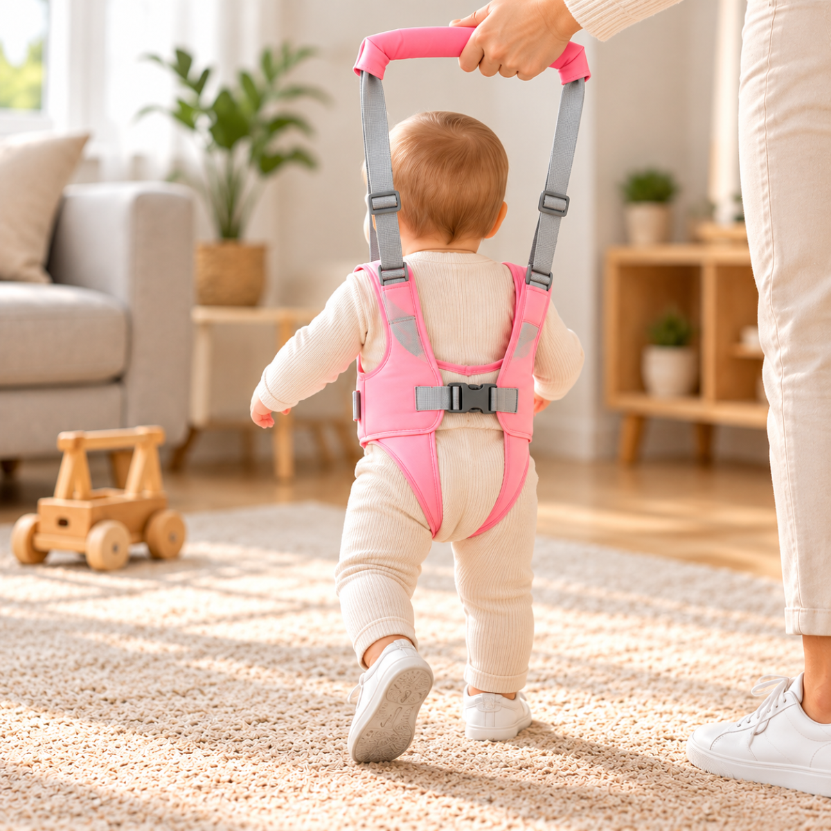 Vue arrière d’un bébé portant un harnais de marche rose avec sangles réglables