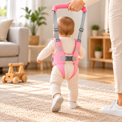 Vue arrière d’un bébé portant un harnais de marche rose avec sangles réglables