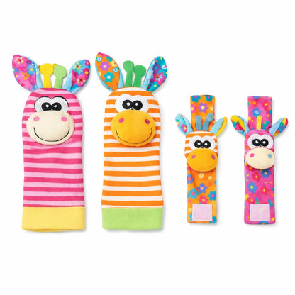 Hochet bébé animaux d’éveil sensoriel en peluche avec bracelets pieds et mains, jouet naissance