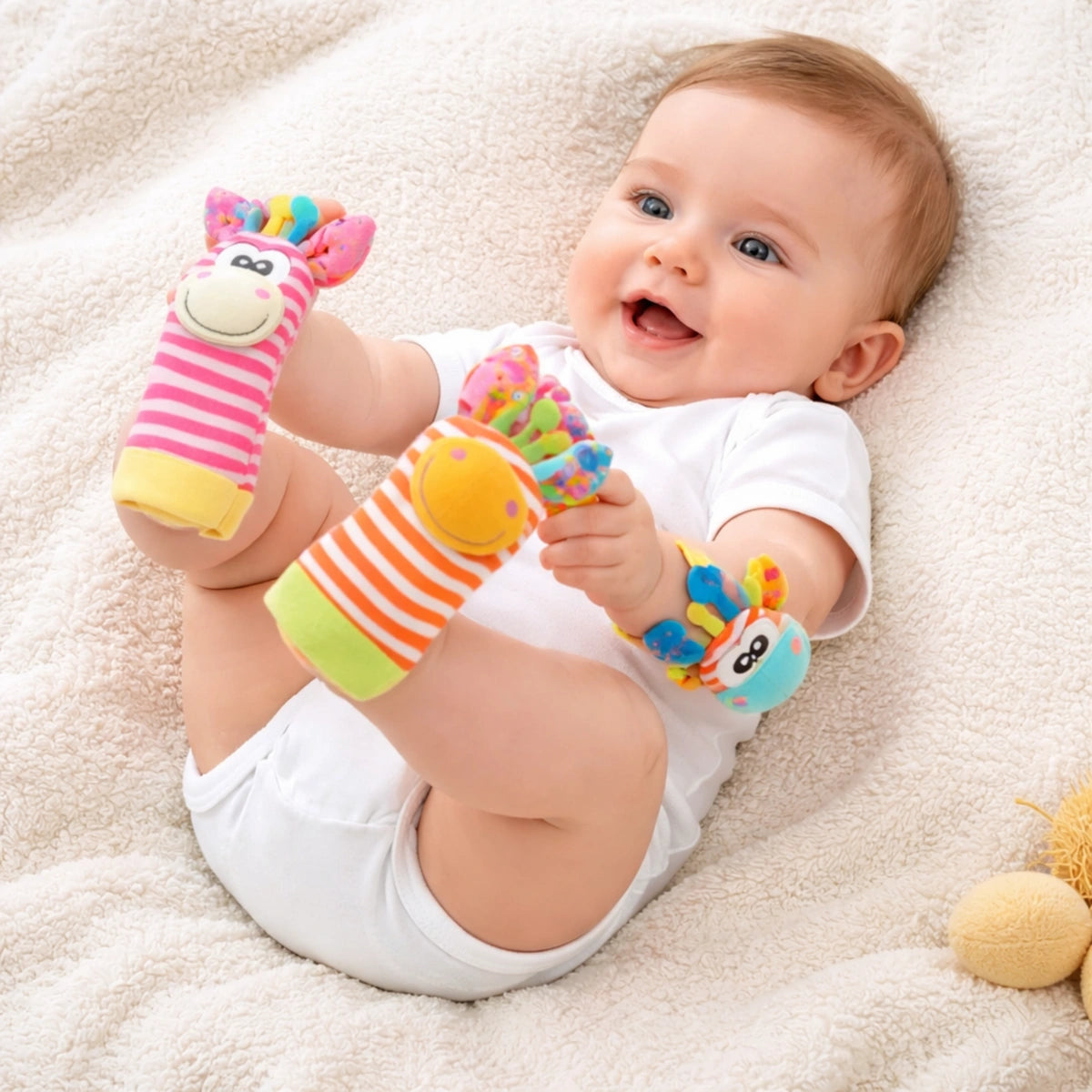 Bébé jouant avec chaussettes hochet colorées jouet sensoriel naissance stimulant mouvements des jambes