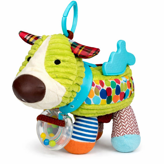 Hochet bébé chien jouet d’éveil sensoriel multi-textures avec anneau de dentition et clip de suspension
