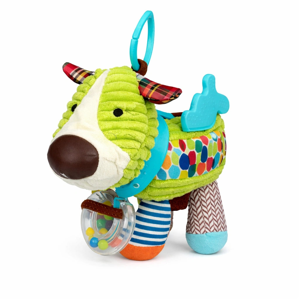 Hochet bébé chien jouet d’éveil multi-textures avec anneau à billes pour stimulation sensorielle