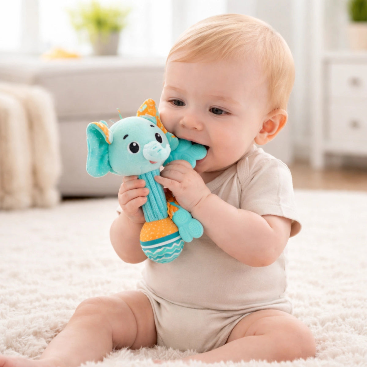 bébé tenant hochet éléphant avec anneau de dentition jouet d’éveil sensoriel peluche douce