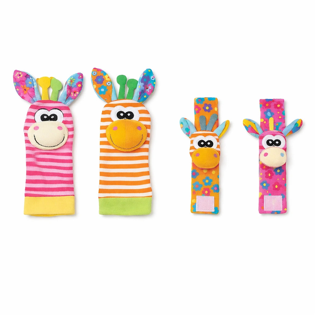 Hochet bébé girafe chaussettes et bracelets d’éveil sensoriel jouet naissance couleurs vives
