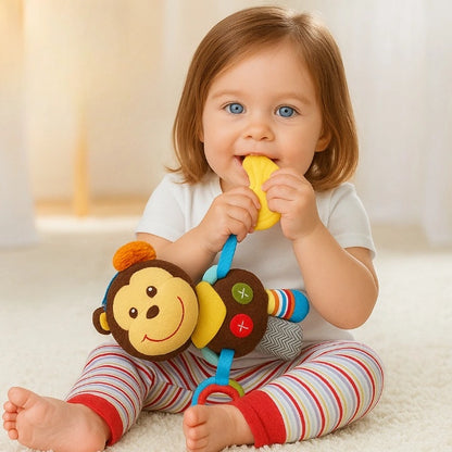 Bébé jouant avec hochet bébé singe jouet d’éveil sensoriel avec anneau de dentition pour stimulation motricité