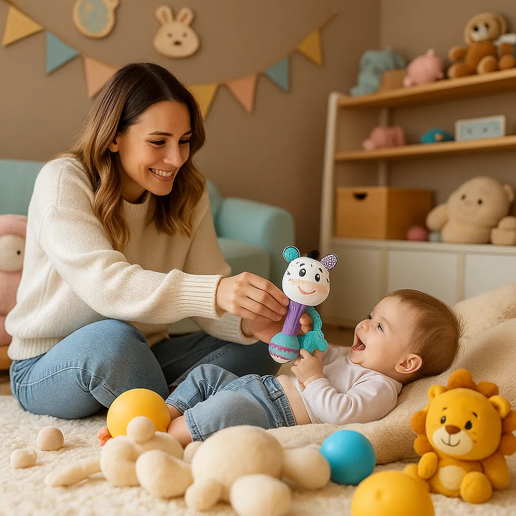 Maman qui offre un hochet bébé à son bébé
