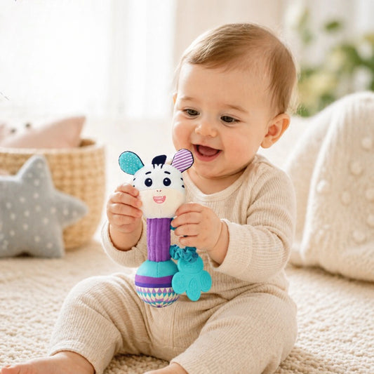 joli hochet bébé zèbre en peluche jouet sensoriel avec anneau de dentition pour éveil et motricité fine