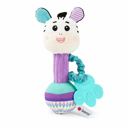 hochet bébé zèbre peluche sensorielle avec anneau de dentition jouet d’éveil bébé fond blanc image produit