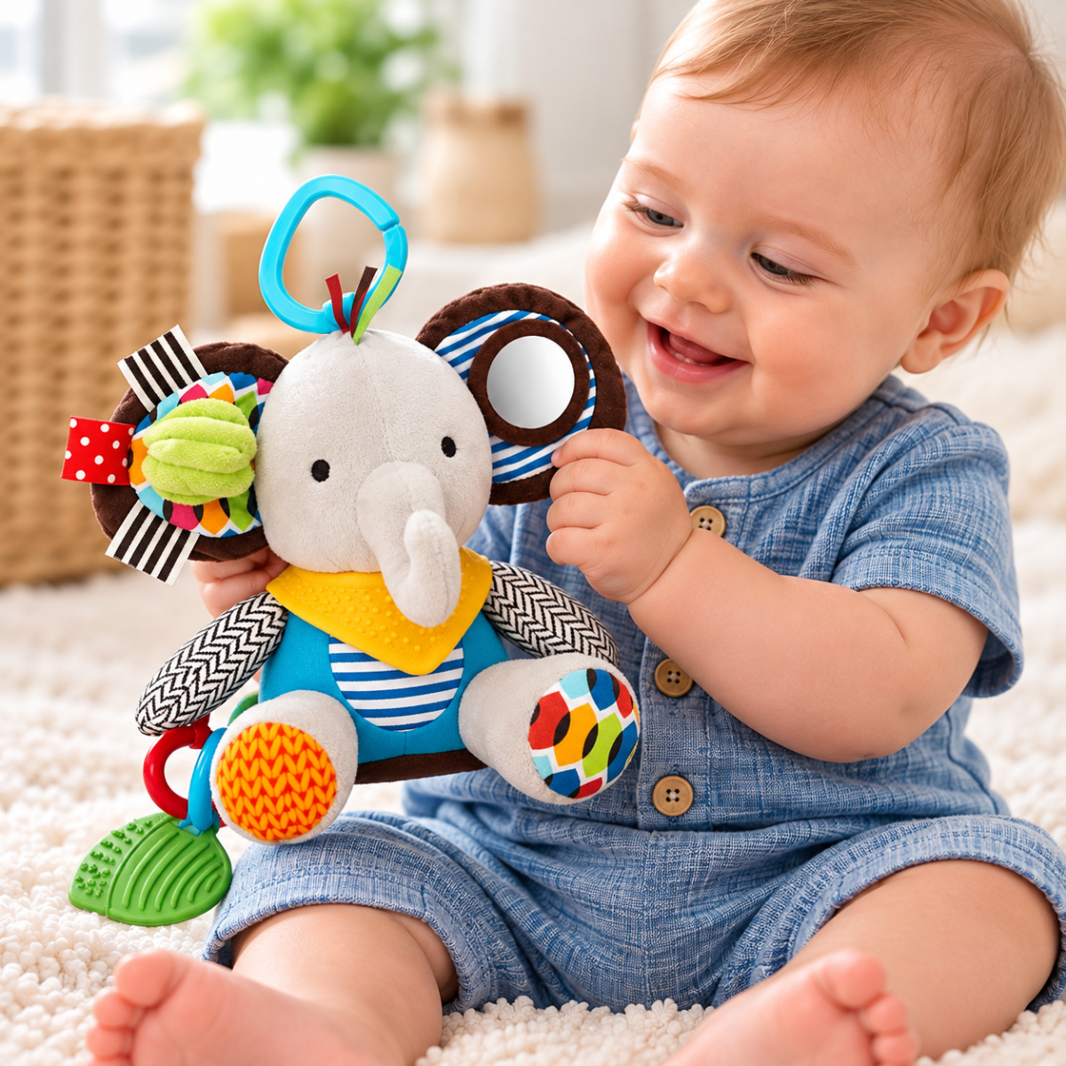 Bébé en tenue bleue découvrant un hochet éléphant en peluche avec oreilles colorées, miroir et anneau de dentition.