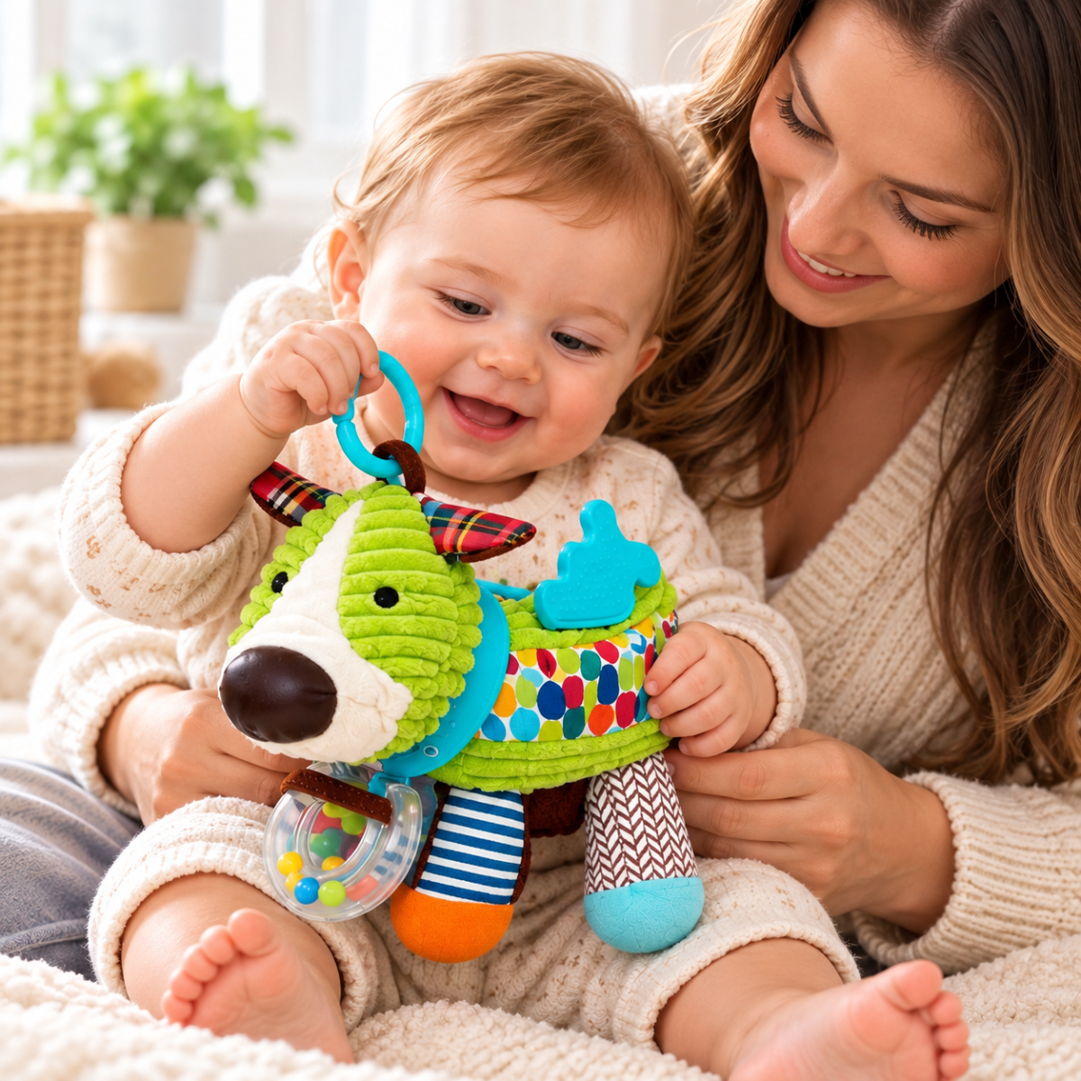 Bébé jouant avec un hochet sensoriel chien en peluche colorée dans les bras de sa maman.