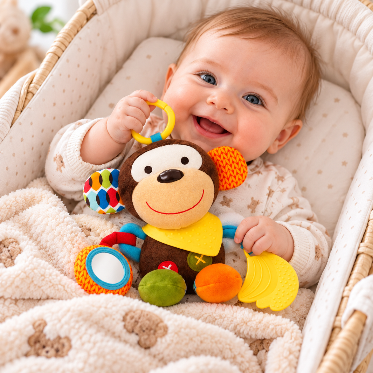 Bébé souriant tenant un hochet singe en peluche multicolore avec anneau de dentition et petit miroir.