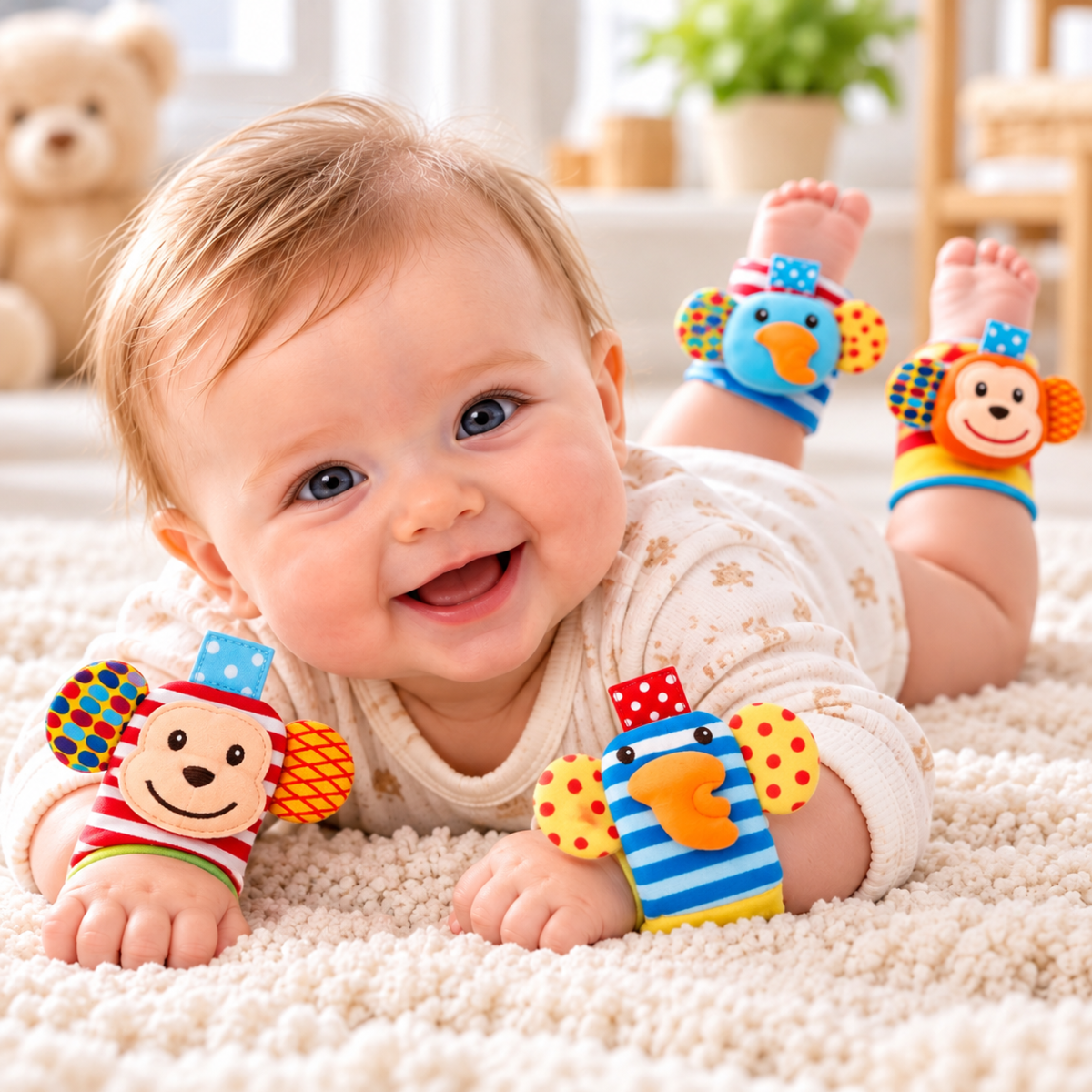 Bébé souriant allongé sur le ventre avec des hochets animaux colorés aux poignets et aux pieds, représentant des singes et des éléphants.