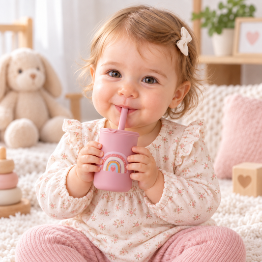 Bébé buvant avec un gobelet à paille rose à motif arc-en-ciel