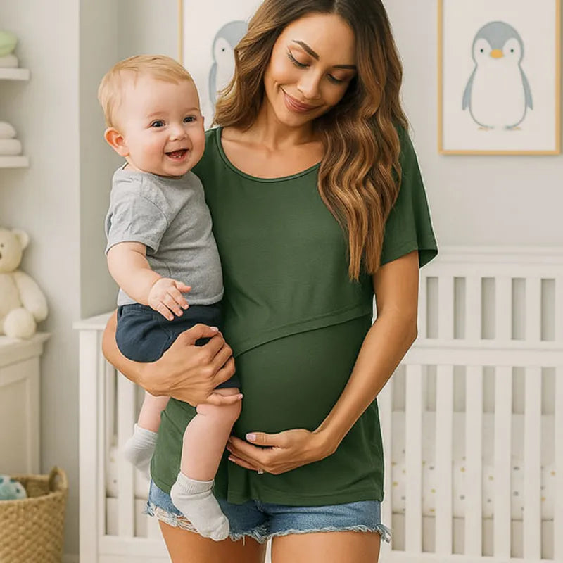 T shirt allaitement vert foncé maman enceinte avec bébé