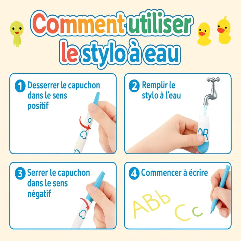 Comment utiliser le stylo à eau du tapis de dessin à l’eau : desserrer, remplir, refermer, écrire.